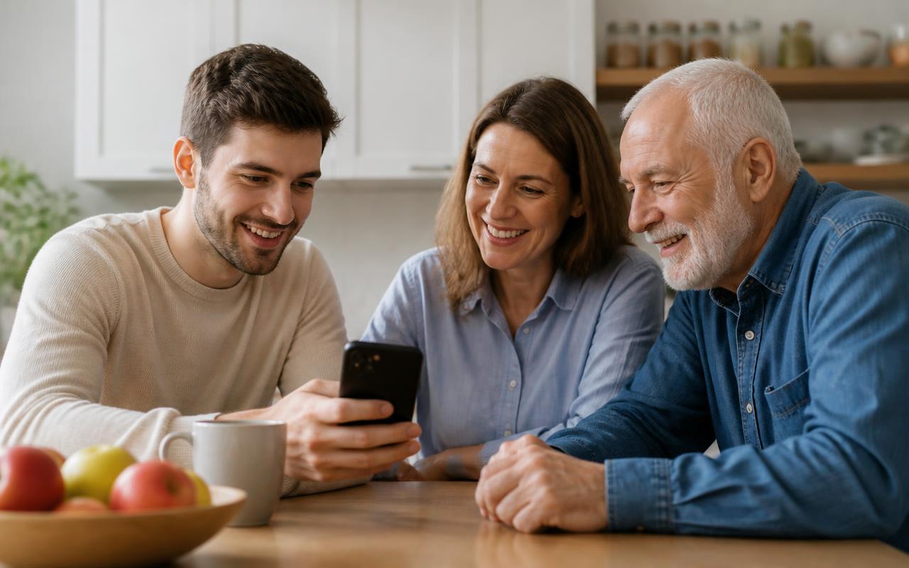 Pessoas de idades diferentes sorrindo e usando o celular juntas na cozinha